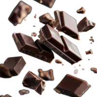 Dark chocolate pieces and chunks breaking apart, isolated on a transparent background png