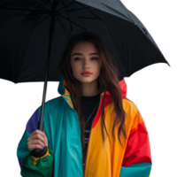 Young woman with colorful umbrella and vibrant raincoat standing in the rain, on a transparent background png