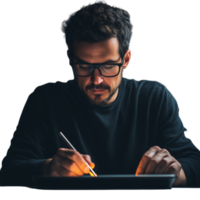 Man concentrating while writing notes with a pencil on a transparent background png