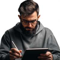 Bearded man using a tablet device while writing, with a focused expression png