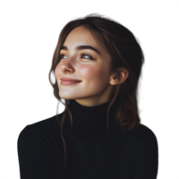 Smiling young woman in a black turtleneck looking off to the side with a joyful expression png