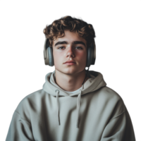 Young man with headphones looking curiously at the camera in a casual hoodie png