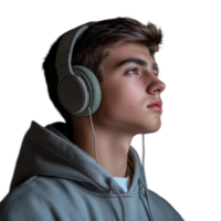 Young man wearing headphones, looking upward with an attentive expression png