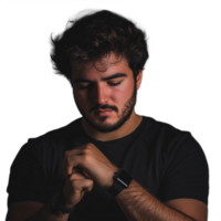 Young man in a t-shirt with a serious expression, adjusting his wristwatch png