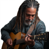 Older man with gray dreadlocks playing guitar with concentration and passion png