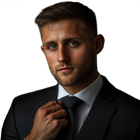 Man in a suit with a serious expression, adjusting his tie png
