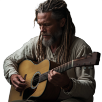 Man with dreadlocks playing an acoustic guitar, focused on the music png