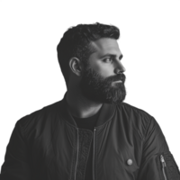 Black and white portrait of a bearded man looking thoughtfully to the side png