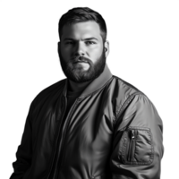 Portrait of a man with a beard wearing a bomber jacket, looking serious png
