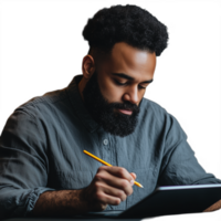 Young man with a beard writing on a digital tablet, with a focused and creative expression png