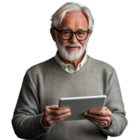 Elderly man using a tablet device, wearing glasses and sweater, isolated against a transparent background png