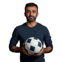 Smiling man holding a soccer ball, wearing a dark sweater, isolated on a transparent background png