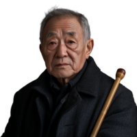 Senior man holding a cane, wearing a dark overcoat, isolated against a transparent background png