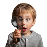 Curious child looking through a magnifying glass, isolated against a transparent background png