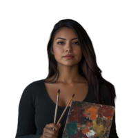 Serious young woman with paintbrushes and palette, wearing a green top, isolated on a transparent background png