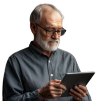 Elderly man using a digital tablet, wearing glasses, isolated against a transparent background png
