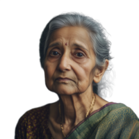 Elderly woman with a serious expression, wearing a traditional blouse, isolated on a transparent background png