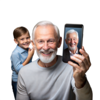 Happy elderly man taking a selfie with his grandson, both smiling brightly on a transparent background png