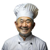 Elderly chef smiling with a welcoming expression in a white uniform on a transparent background png