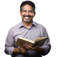 Middle-aged man holding a book, smiling with contentment on a transparent background png