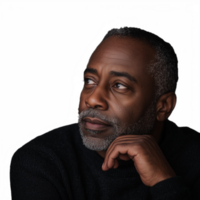Side profile of a mature man with gray hair and beard in a thinking pose on a transparent background png