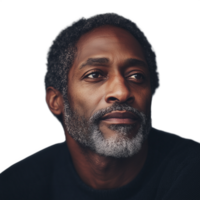 Portrait of an older man with gray hair and beard looking contemplative on a transparent background png