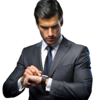 Businessman in a suit checking his wristwatch, looking professional on a transparent background png