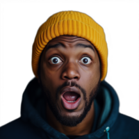 Surprised young man with a beard wearing a yellow beanie on a transparent background png