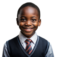Smiling young boy in formal attire with a tie on a transparent background png