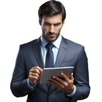 Businessman in a suit using a digital tablet, looking concentrated on a transparent background png