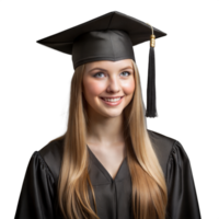 Female graduate wearing a cap and gown, smiling with pride on a transparent background png