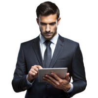 Young businessman in formal attire interacting with a tablet on a transparent background png