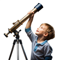 Little boy looking through a telescope with curiosity on a transparent background png