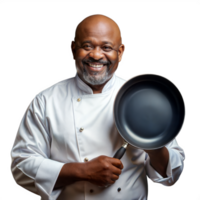 Smiling chef holding a frying pan, looking friendly on a transparent background png