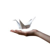Hand presenting a folded paper crane, isolated on a transparent background png