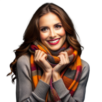Woman smiling warmly in a scarf with autumn colors on a transparent background png