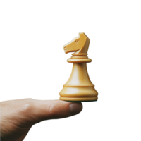 Close-up of a hand presenting a white knight chess piece on a transparent background png