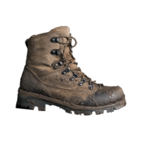 Worn hiking boot with mud stains, isolated on a transparent background png