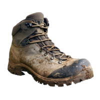 Muddy hiking boot with visible wear, isolated on a transparent background png