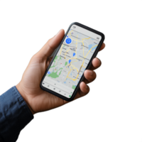 Hand holding a smartphone displaying a map, isolated on a transparent background png