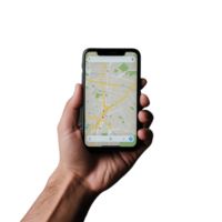 Hand holding a smartphone with a navigation app, isolated on a transparent background png