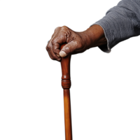 Close-up of an elderly hand gripping a wooden cane, isolated on a transparent background png