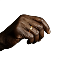 Close-up of a hand with a gold ring pinching a small object on a transparent background png