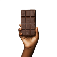 Hand holding an unwrapped chocolate bar with square segments on a transparent background png