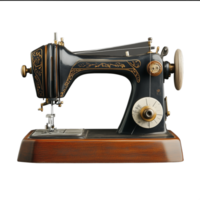 Classic antique sewing machine with a wooden base and intricate metalwork on a transparent background png