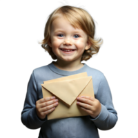 Smiling young boy holding an envelope with excitement on a transparent background png