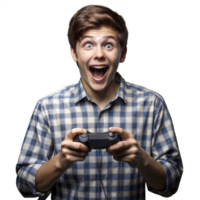 Joyful young man playing games, holding a controller with enthusiasm on a transparent background png