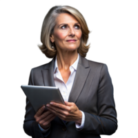 Mature businesswoman using a digital tablet with a focused expression on a transparent background png