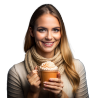 Smiling young woman holding a warm cup, enjoying a cozy moment on a transparent background png