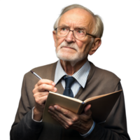 Elderly man in glasses holding a notebook, appearing thoughtful on a transparent background png